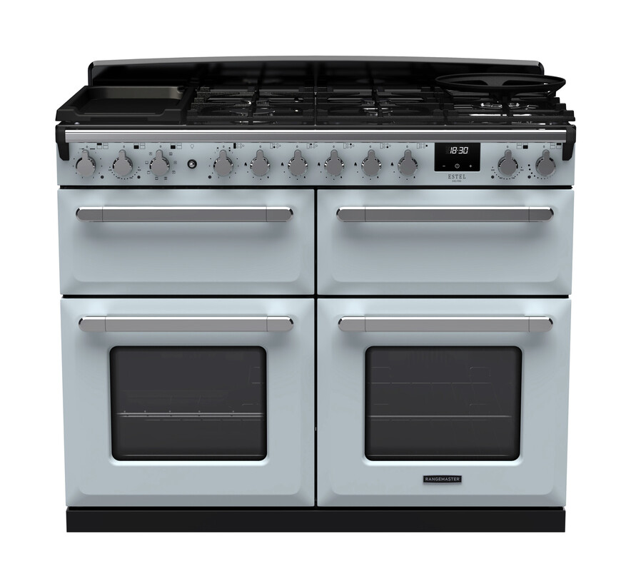 Rangemaster Esdlb110dfpmsb/Cm1 Estel Deluxe 110Cm Dual Fuel Range Cooker In Misty / Chrome Trim Blue