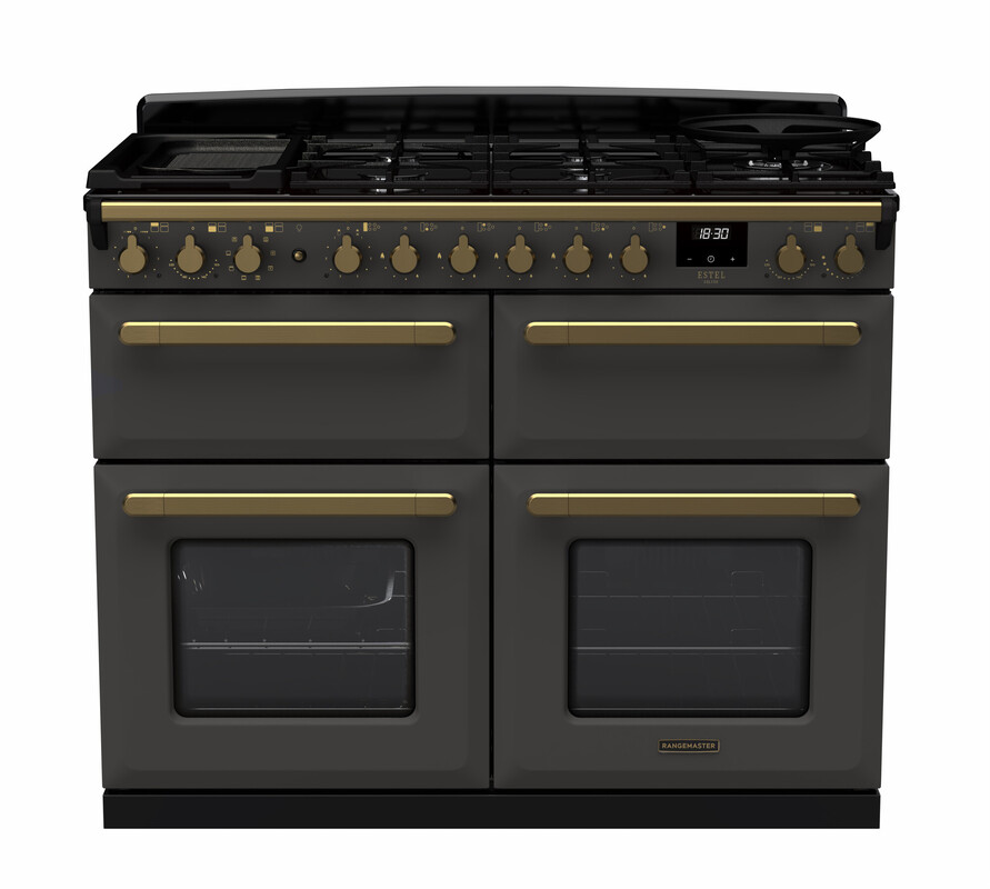Rangemaster Esdlb110dfpslt/Ab1 Estel Deluxe 110Cm Dual Fuel Range Cooker In Slate / Brass Trim