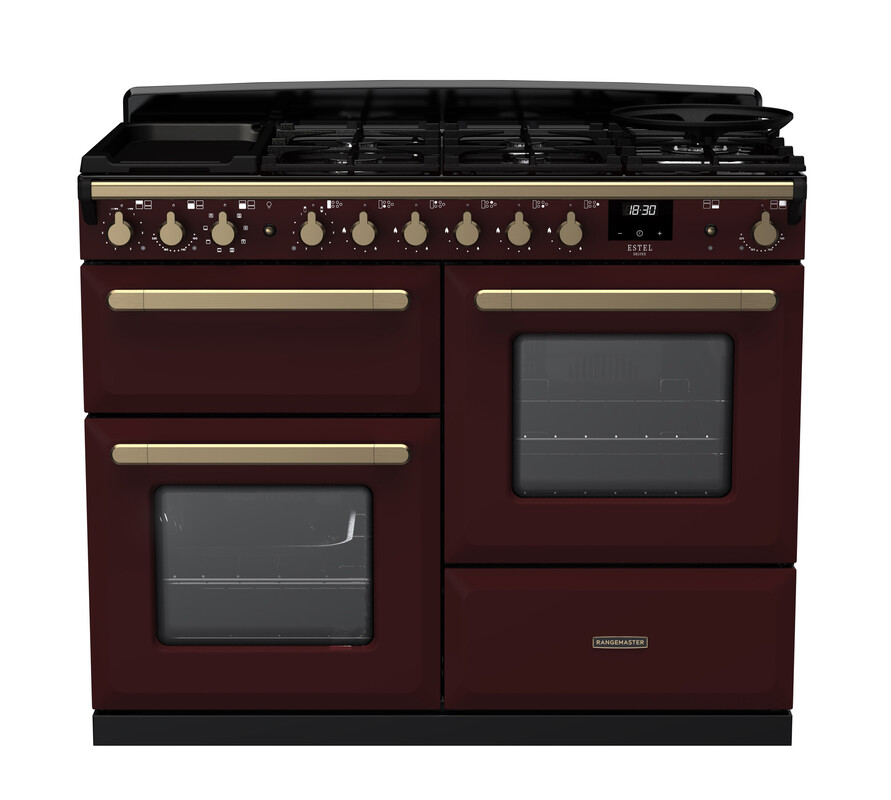 Rangemaster Esdlo110dfpbor/Ab1 Estel Deluxe 110Cm Dual Fuel Range Cooker In / Brass Trim Bordeaux