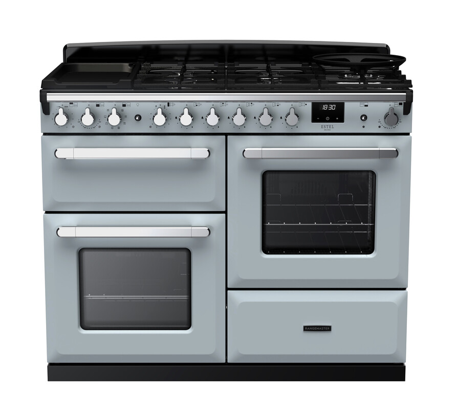 Rangemaster Esdlo110dfpmsb/Cm1 Estel Deluxe 110Cm Dual Fuel Range Cooker In Misty / Chrome Trim Blue