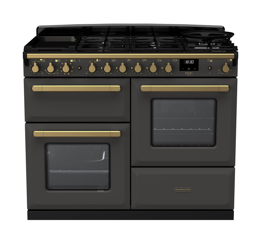Rangemaster Esdlo110dfpslt/Ab1 Estel Deluxe 110Cm Dual Fuel Range Cooker In Slate / Brass Trim