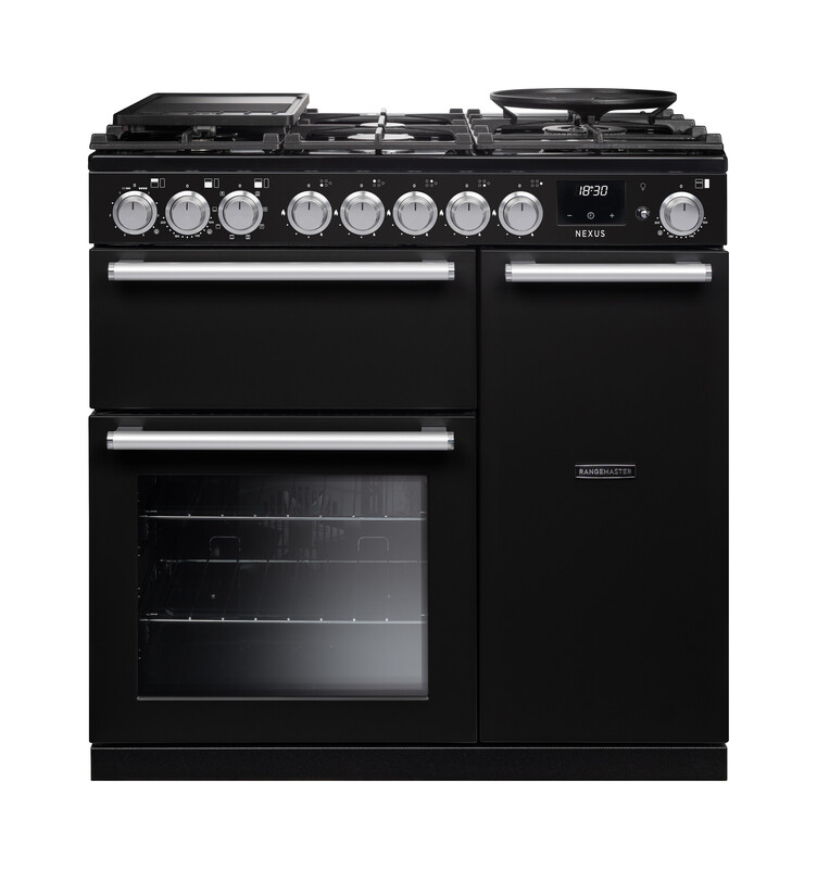 Rangemaster NEX90DFPCBL/CM1 Nexus 90cm Dual Fuel Range Cooker In Charcoal Black / Chrome Trim