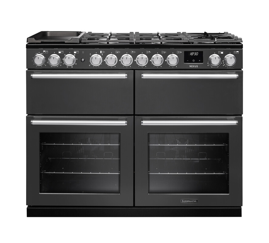 Rangemaster Nexb110dfpslt/Cm1 Nexus 110Cm Dual Fuel Range Cooker In Slate / Chrome Trim White