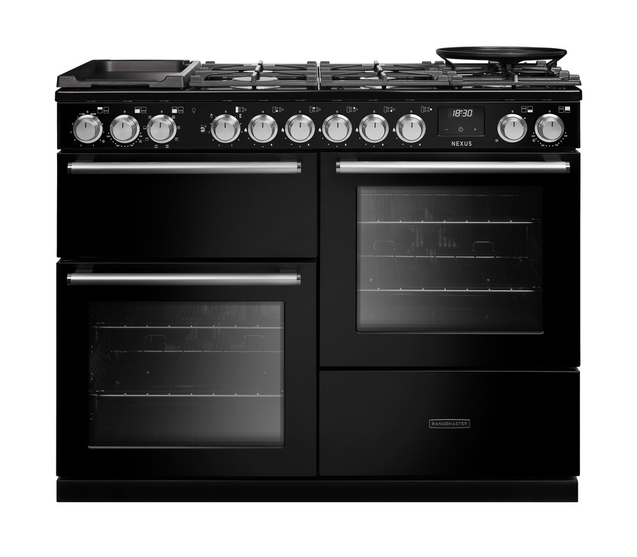 Rangemaster Nexo110dfpgbl/Cm1 Nexus 110Cm Dual Fuel Range Cooker In Gloss / Chrome Trim Black