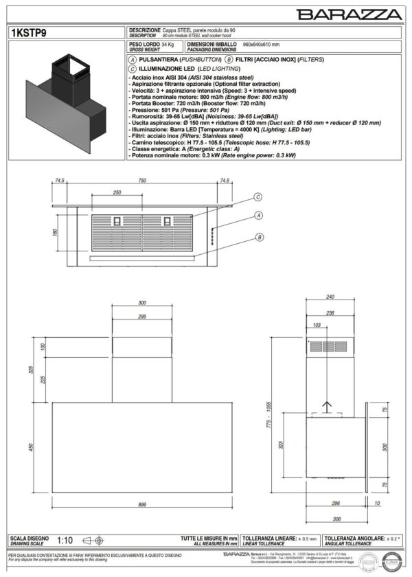 Barazza 1KSTP9 90cm Wall Cooker Hood