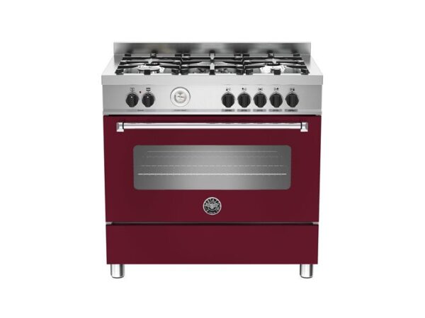 Burgundy 90cm Bertazzoni Master 5 burners and 1 electric oven MAS90-5-MFE-S-VIE